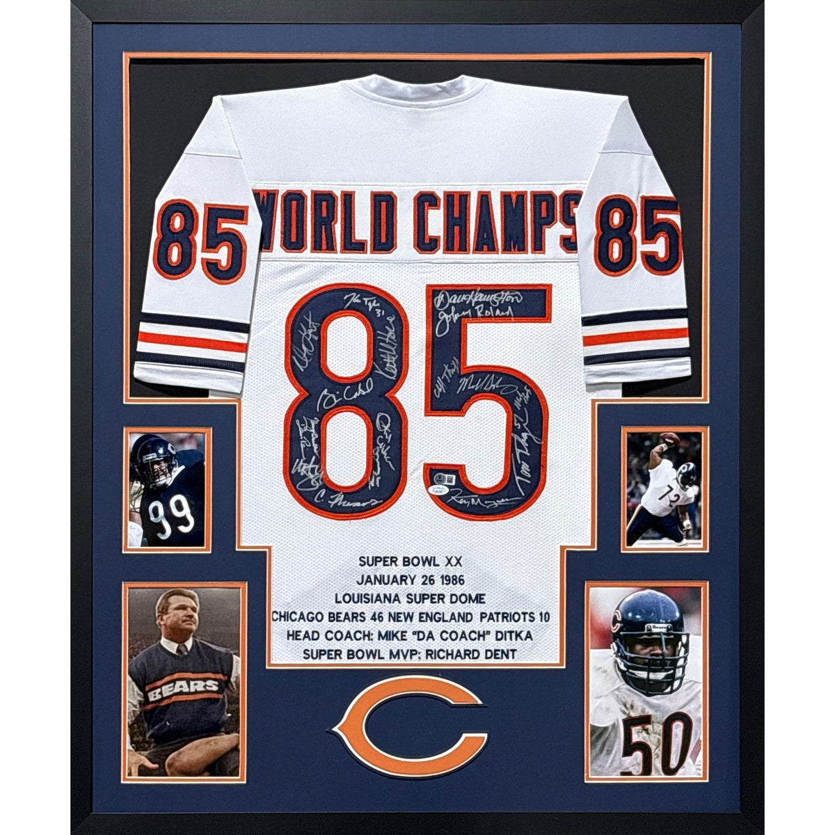 1985 "85" Bears Framed Signed Jersey JSA Beckett COA Autographed Signed Chicago