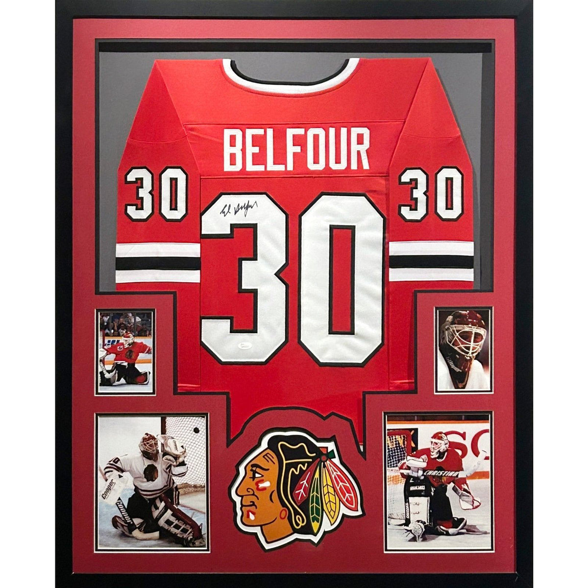 Ed Belfour Framed Signed Chicago Blackhawks Jersey JSA Autographed