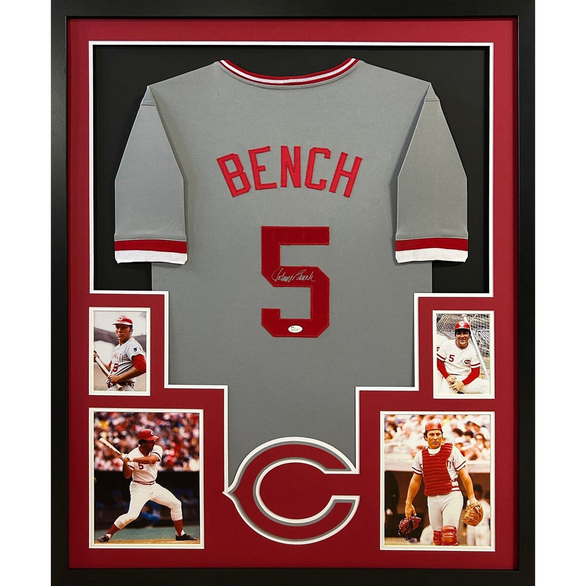 Johnny Bench Framed Grey Jersey JSA Autographed Signed Cincinnati Reds