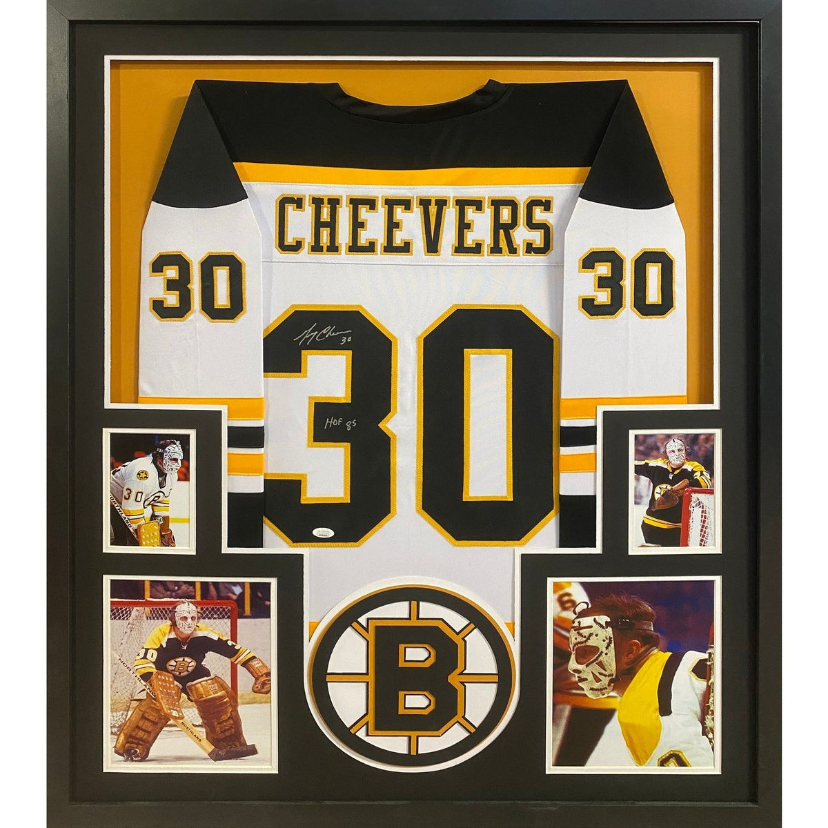Gerry Cheevers Signed Framed Black Jersey Boston Bruins JSA Autographed