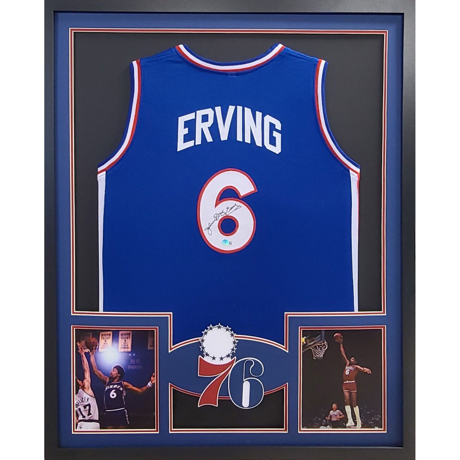 Julius Erving Autographed and Framed Red 76ers Jersey
