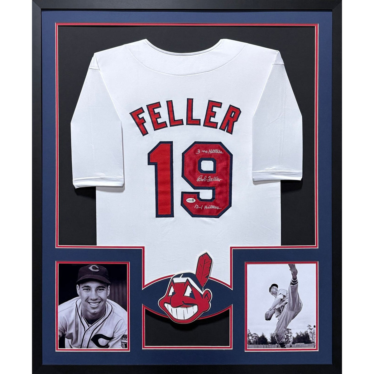 Bob Feller Framed Signed Cleveland Indians White Jersey JSA Autographed