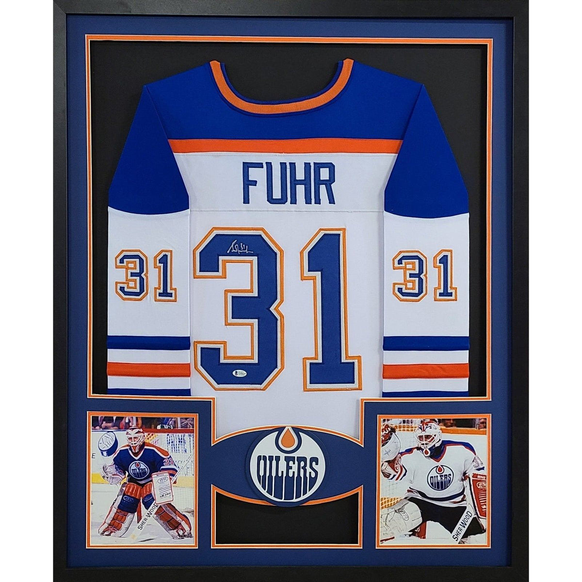 Grant Fuhr Framed White Jersey Beckett Autographed Signed Edmonton Oilers