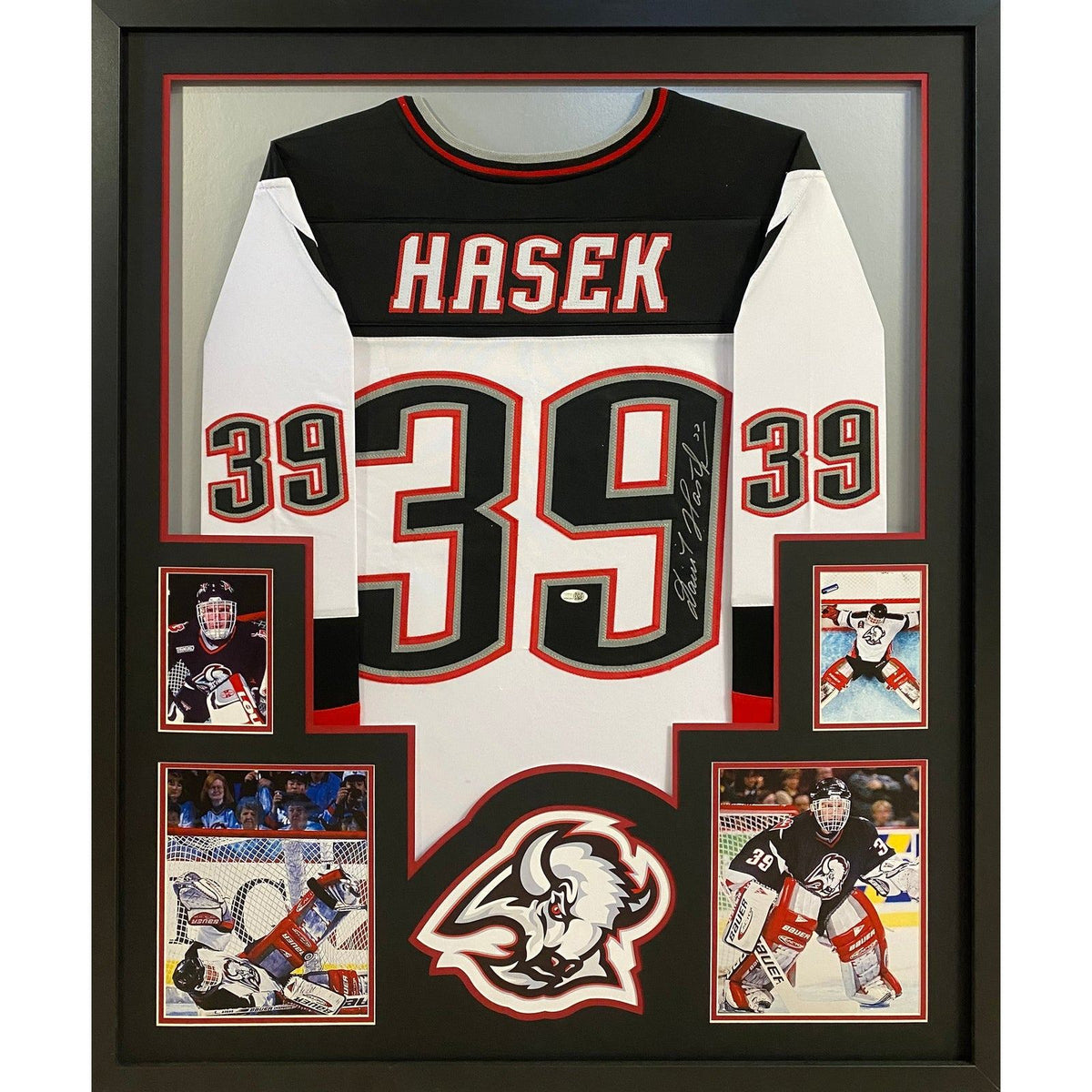 Dominik Hasek Framed Signed Buffalo Sabres White Jersey JSA Autographed
