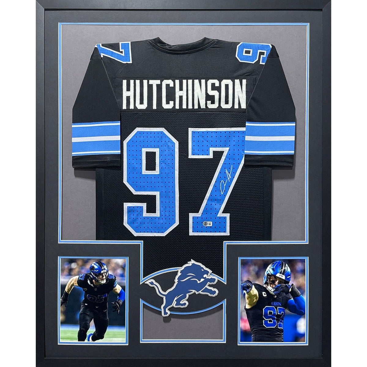 Aidan Hutchinson Framed Signed Lions Black Jersey Beckett Autographed 2P