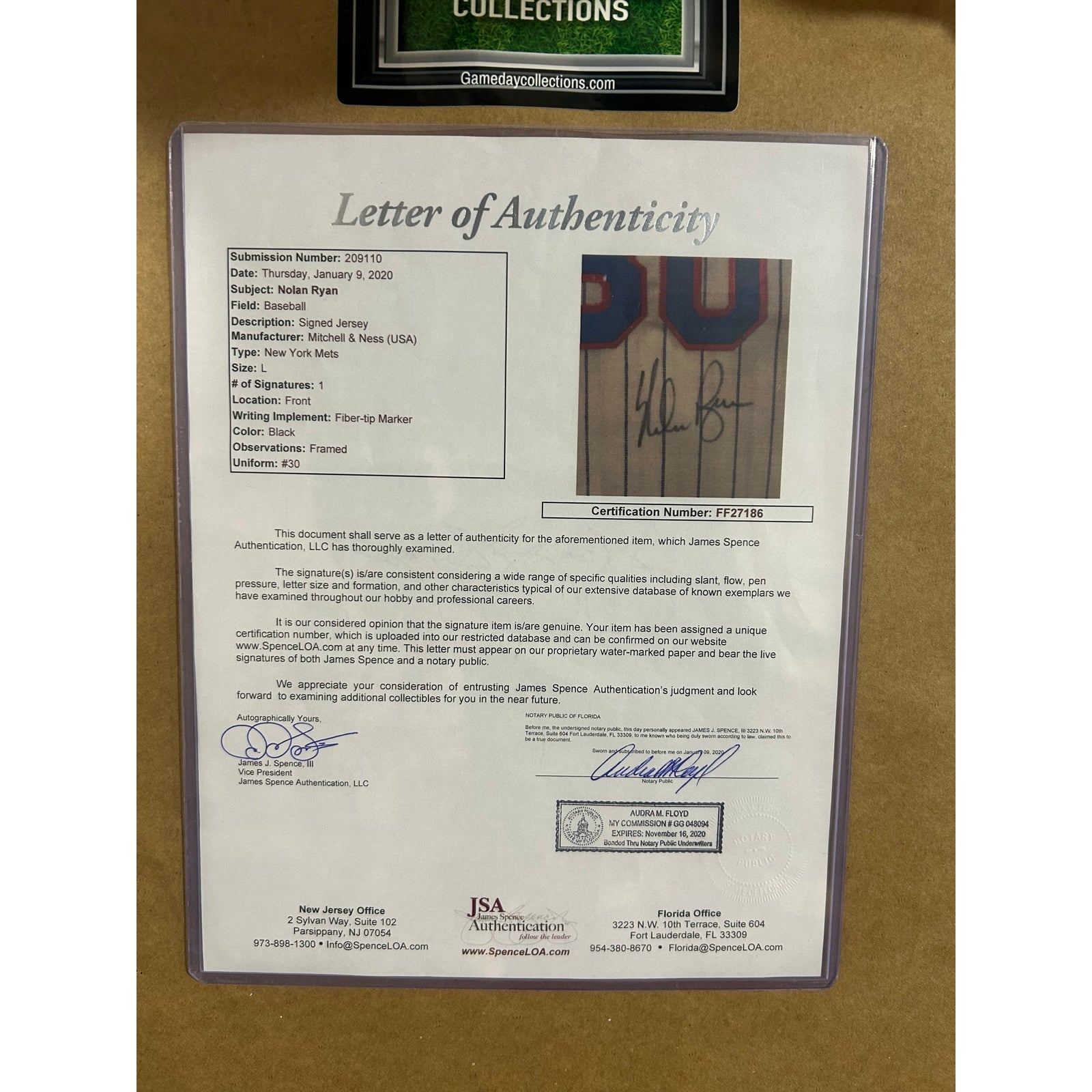 Nolan Ryan Framed Signed Jersey JSA New York Mets Autographed