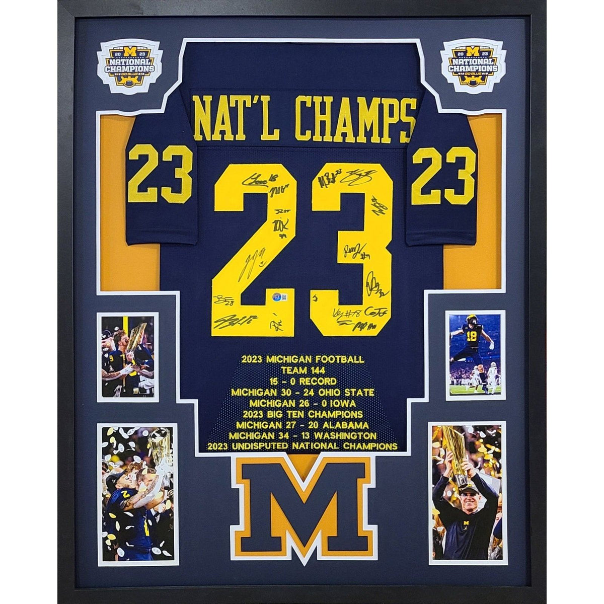 Michigan 2023 Team Signed Framed Stat Jersey Beckett Autographed Champions