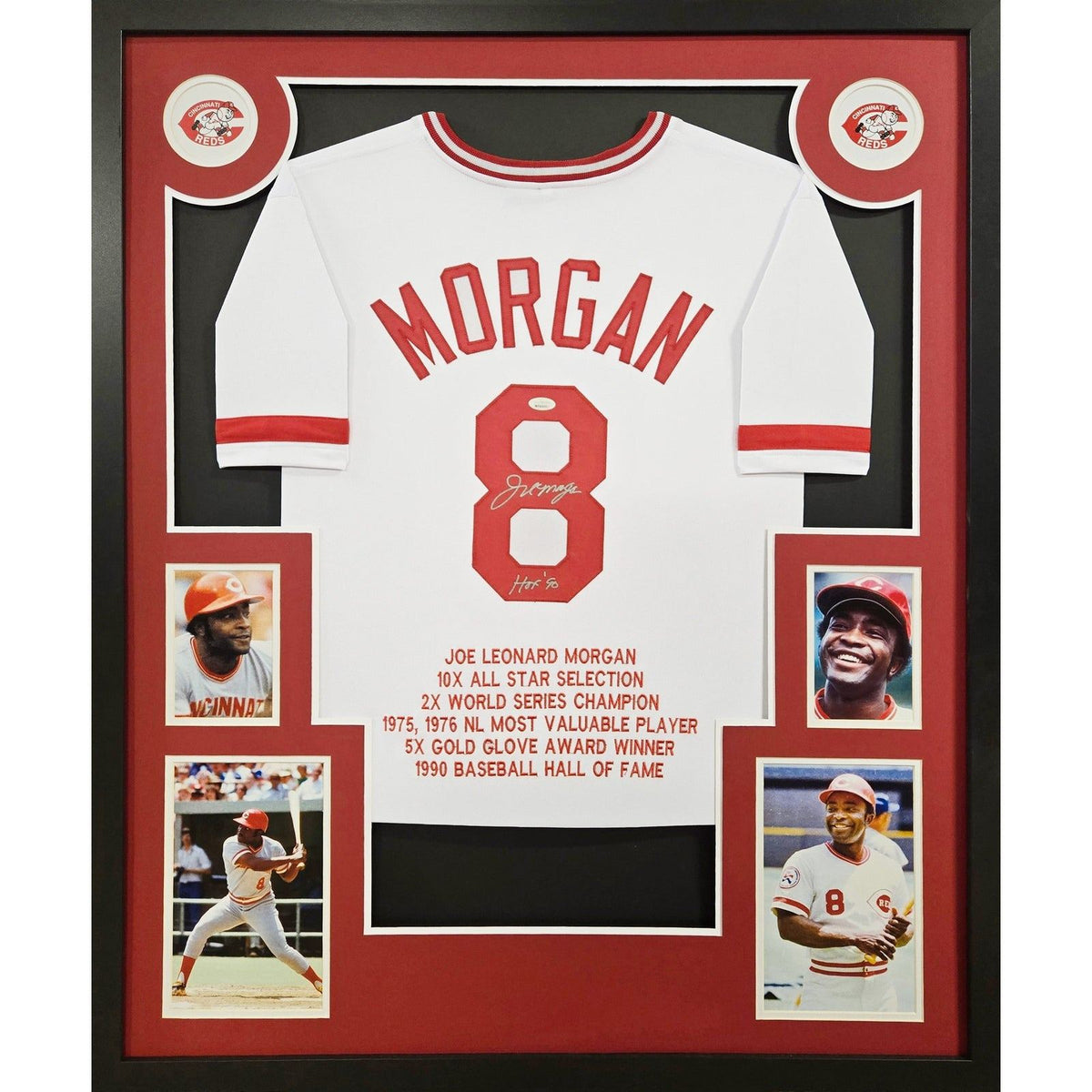 Joe Morgan Signed Framed White Stat Jersey Autographed Cincinnati Reds JSA