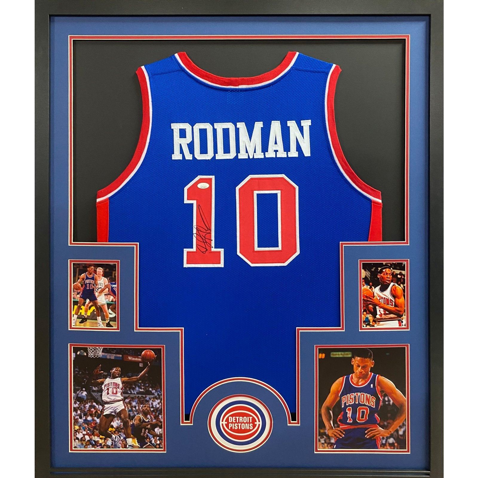 Dennis Rodman Signed Framed Blue Jersey JSA Autographed Detroit Piston