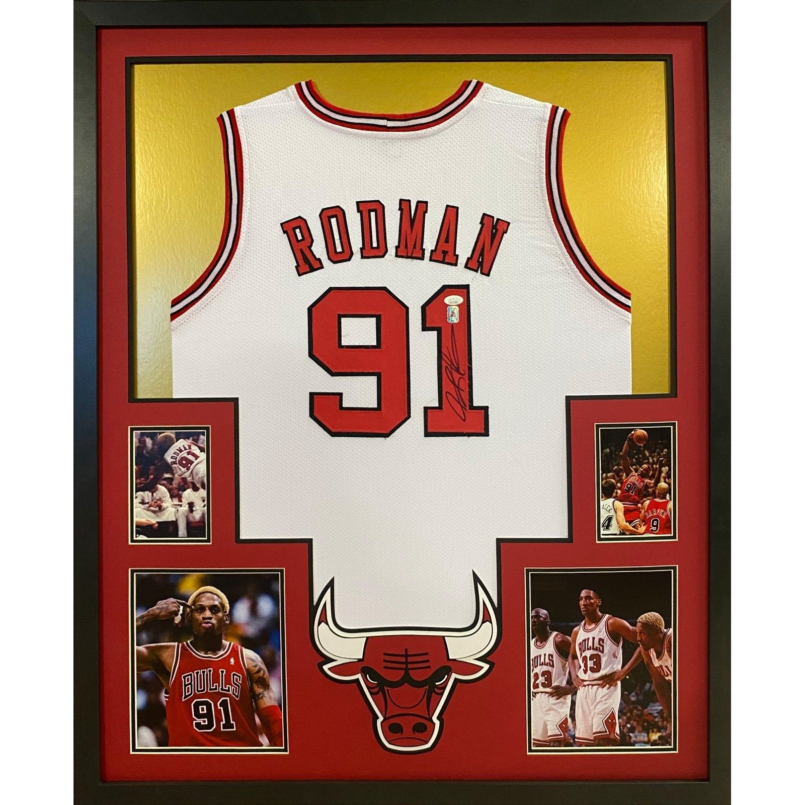 Framed Autographed/Signed Dennis Rodman 33x42 Chicago Black Basketball  Jersey JSA COA