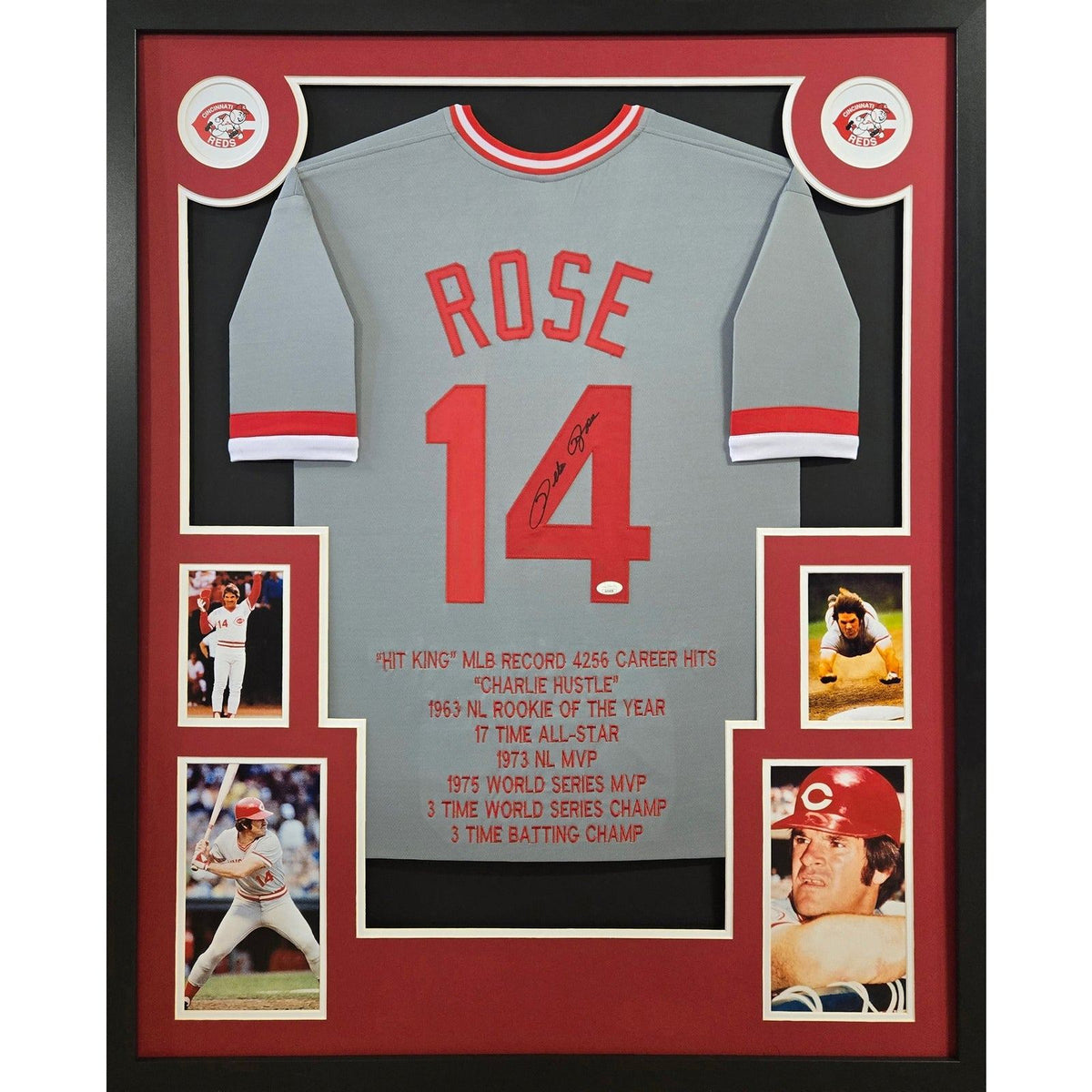 Pete Rose Framed Signed Stat Grey Jersey JSA Autographed Cincinnati Reds