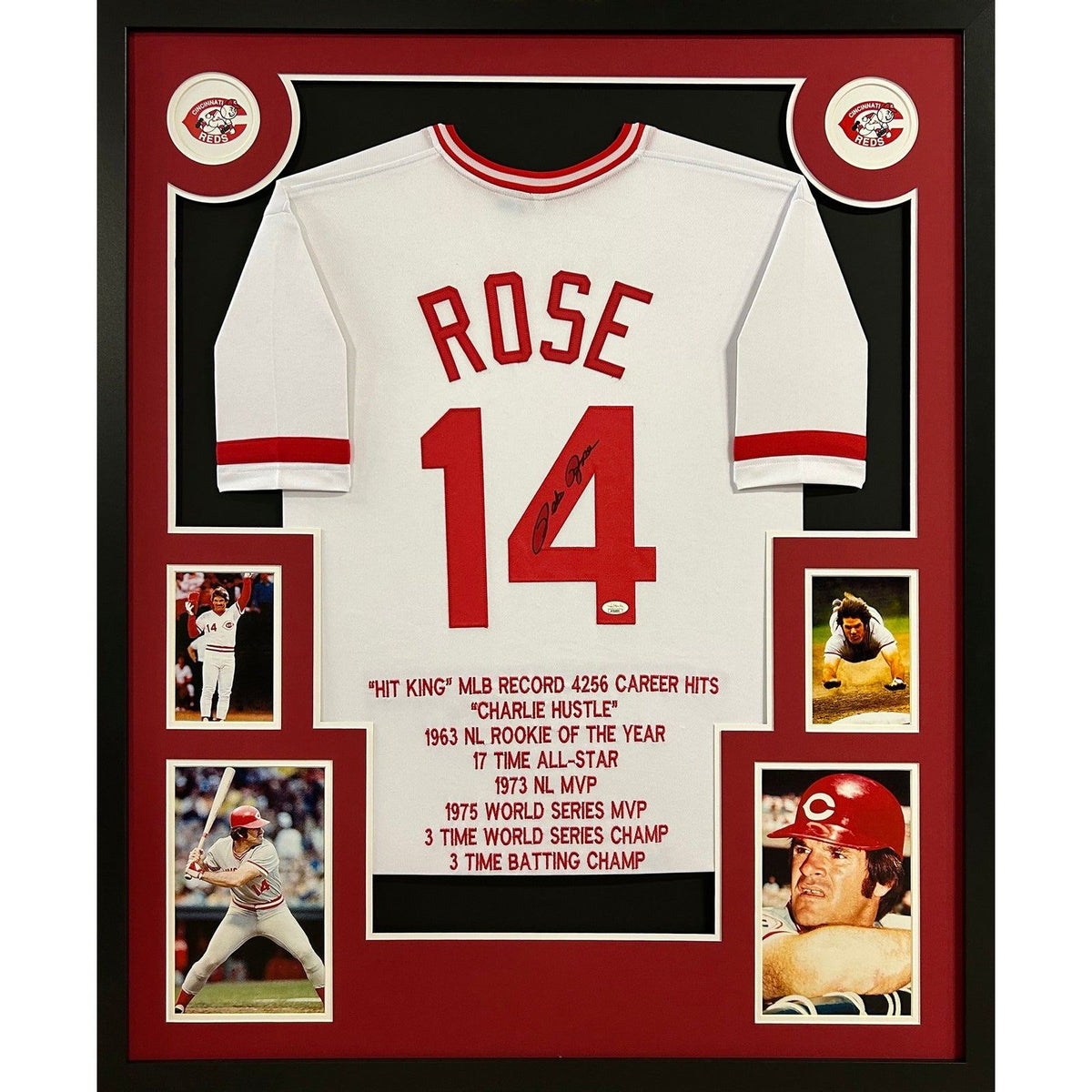 Pete Rose Framed Signed Stat White Jersey JSA Autographed Cincinnati Reds