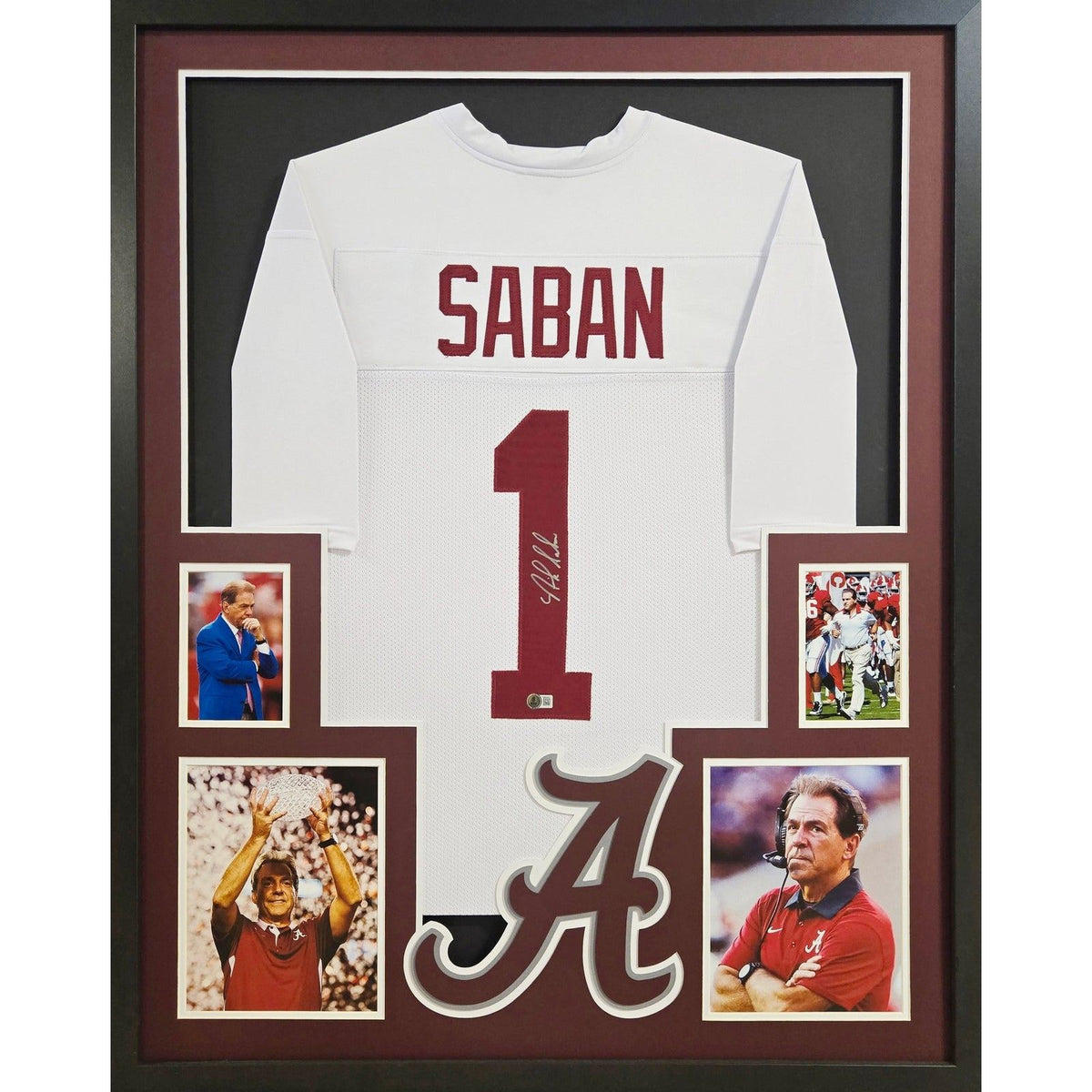 Nick Saban Framed Signed White Jersey Beckett Autographed Alabama