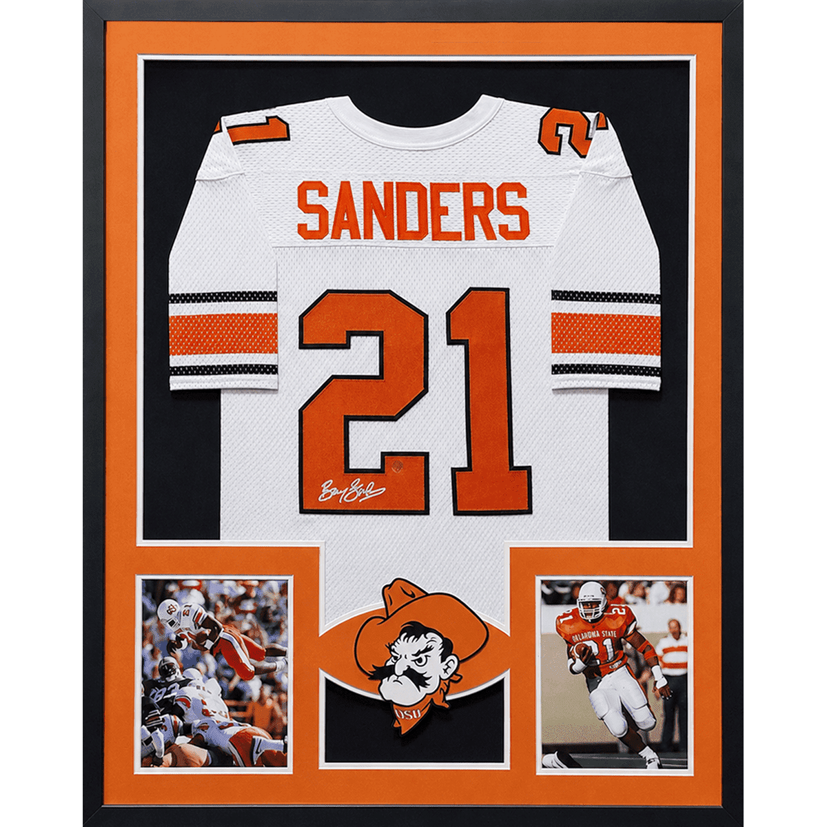 Barry Sanders Framed Signed White Jersey Schwartz Autographed Oklahoma State OT