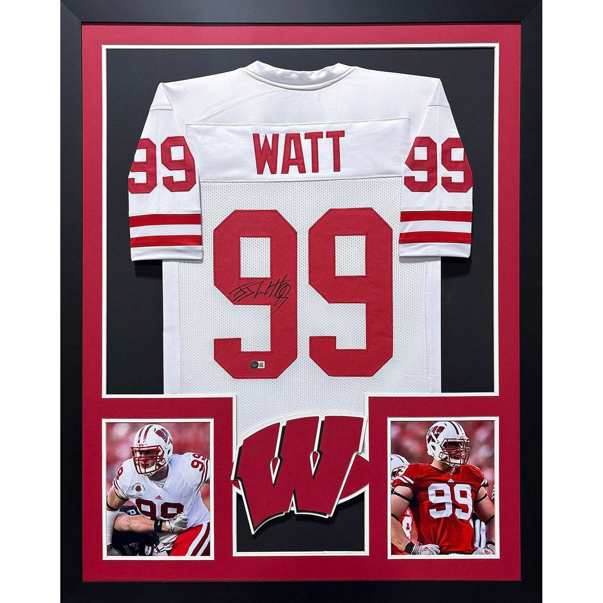 J.J. Watt Framed Signed Wisconsin White Jersey Beckett Autographed JJ