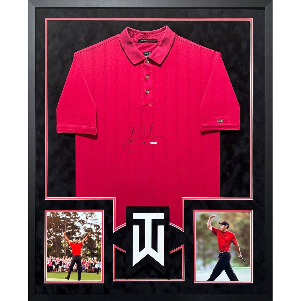Tiger Woods Framed Signed Red Polo Shirt UDA Autographed UpperDeck