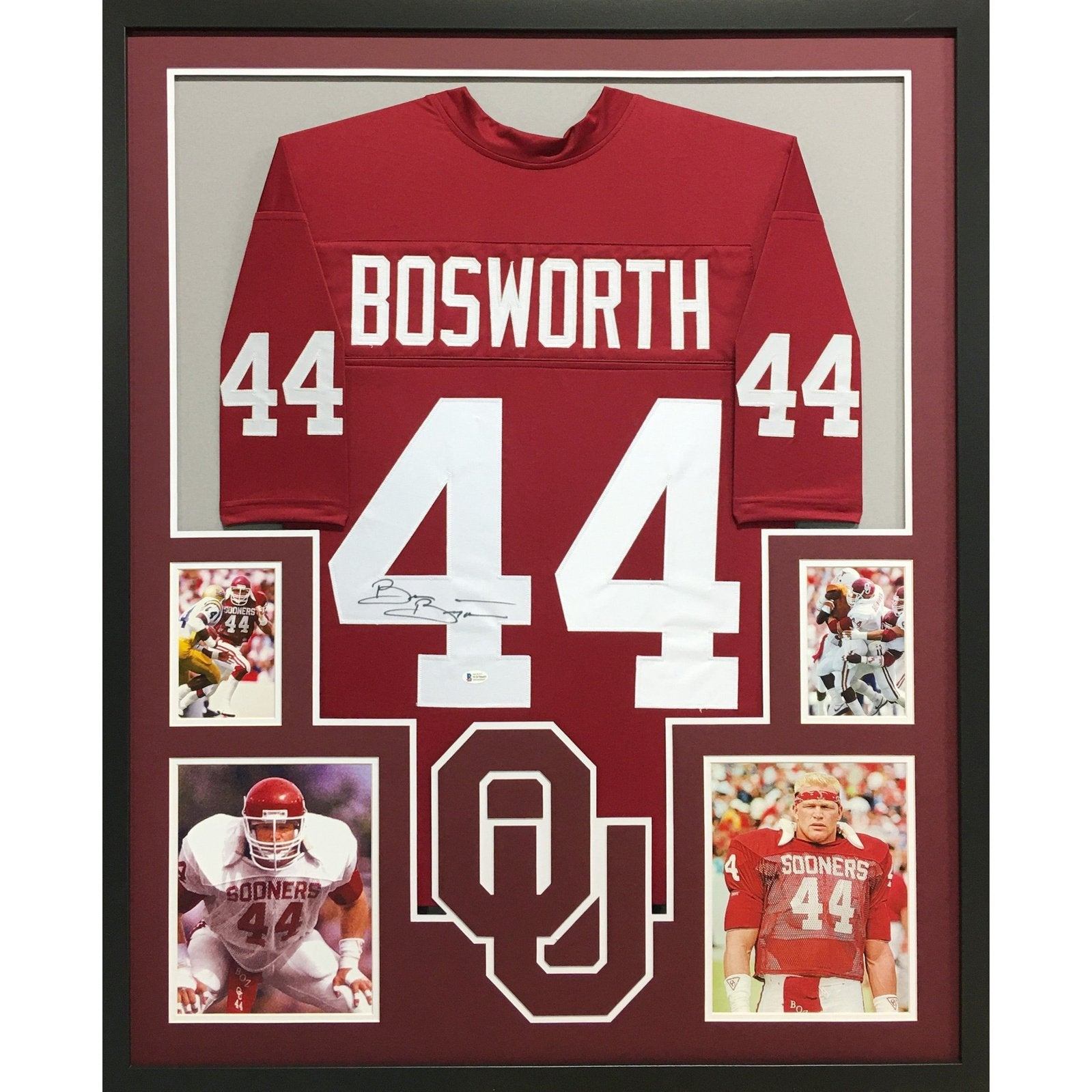 Brian Bosworth Autographed & Framed Red Oklahoma Jersey Auto Beckett COA