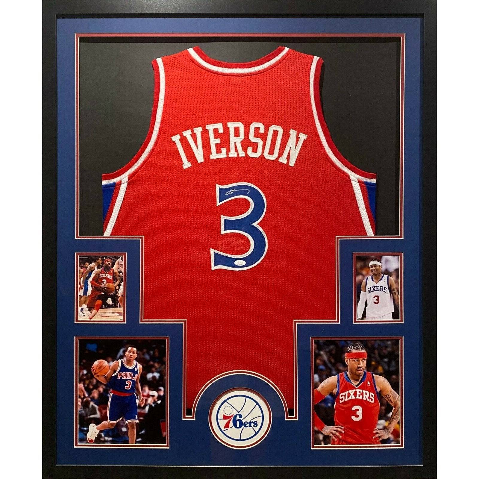 Allen Iverson Autographed and Framed Black Philadelphia 76ers Jersey