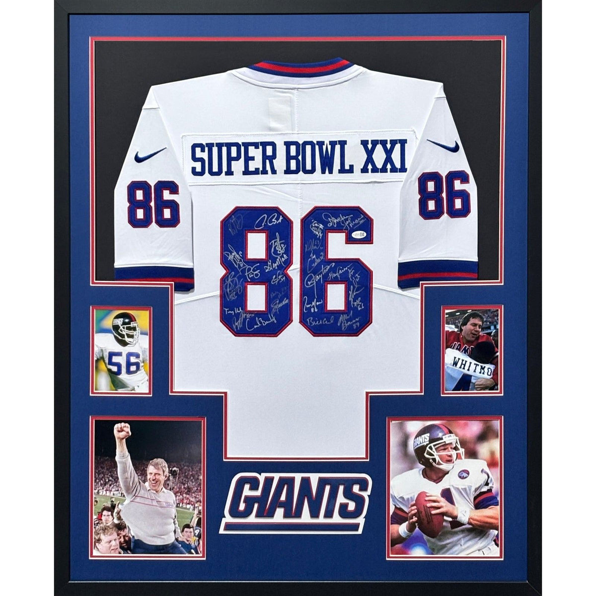 1986 New York Giants Super Bowl Team Signed Framed White Jersey JSA Autographed