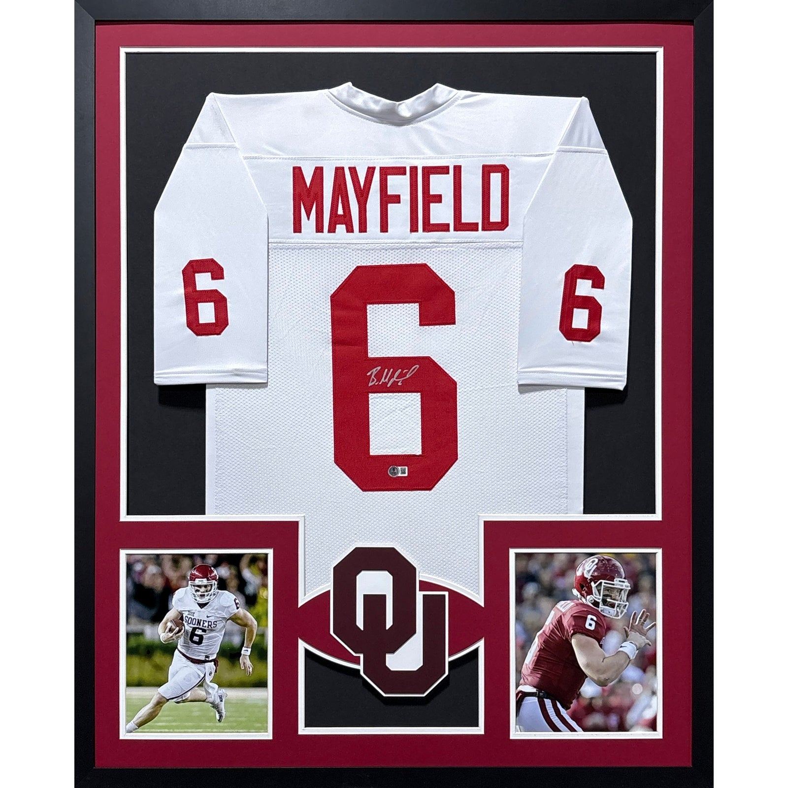 Baker Mayfield Framed Signed Oklahoma OU White Jersey Beckett Autographed