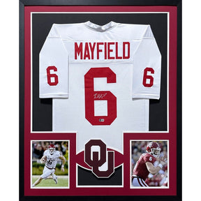 Baker Mayfield Framed Signed Oklahoma OU White Jersey Beckett Autographed