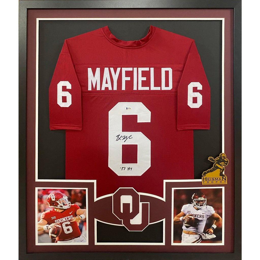 Baker Mayfield 17 HT Insc Autographed Oklahoma Sooners White Football Jersey  BAS