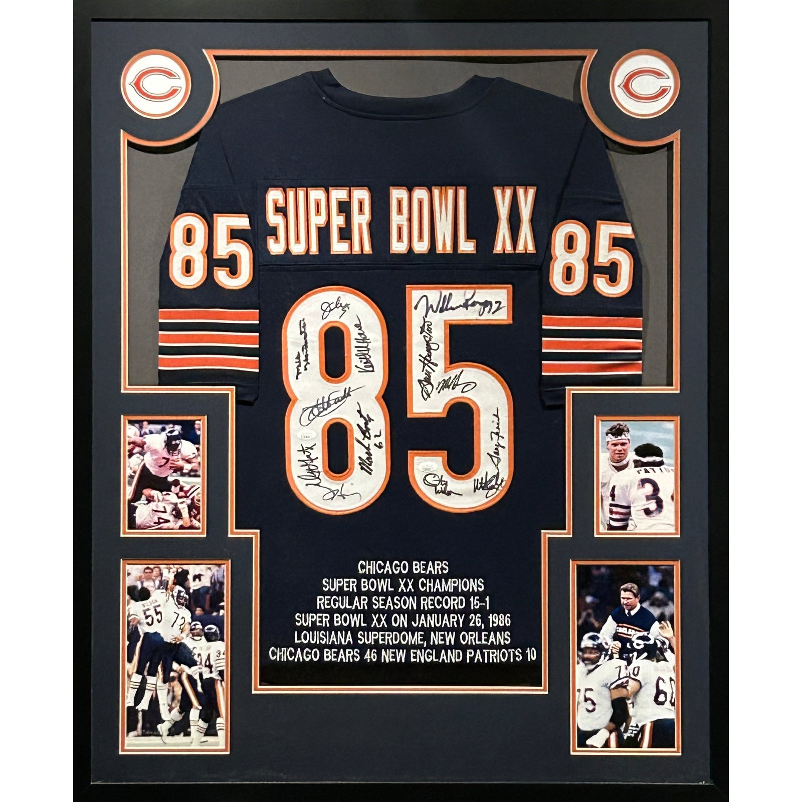 1985 "85" Bears Framed Navy Jersey JSA COA Autographed Chicago Signed by 12