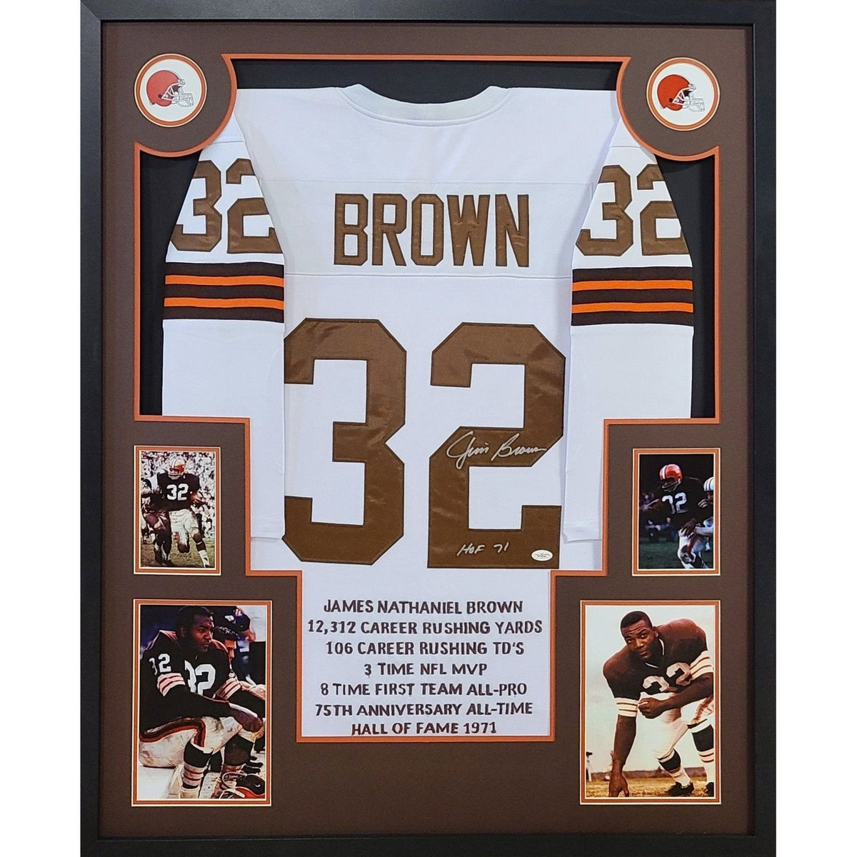 Jim Brown Framed Signed White Stat Jersey JSA COA Autographed Cleveland Browns