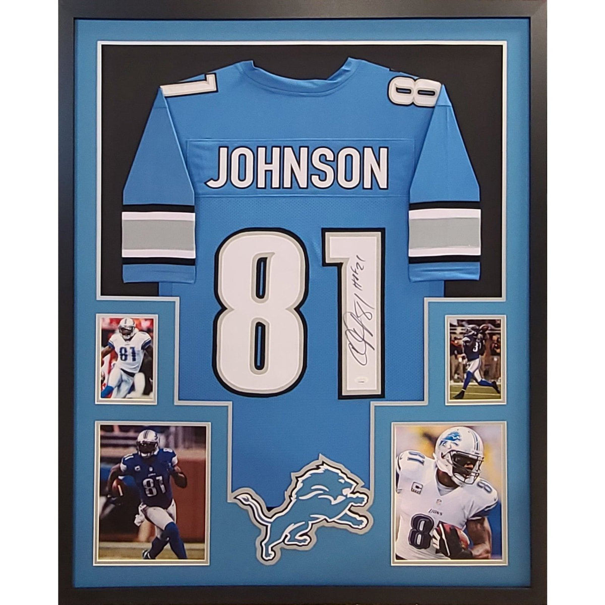 Calvin Johnson Autographed & Framed Blue Detroit Jersey Auto JSA COA
