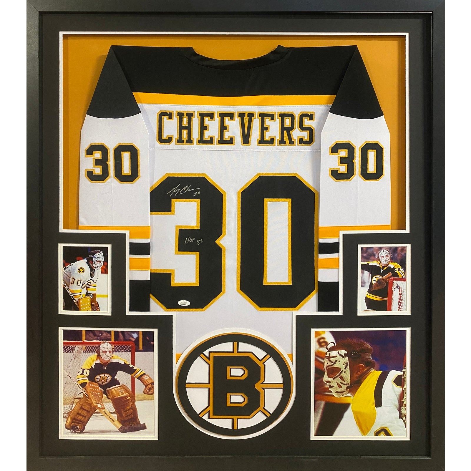 Gerry Cheevers Signed Framed Black Jersey Boston Bruins JSA Autographed