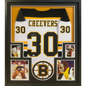 Gerry Cheevers Signed Framed Black Jersey Boston Bruins JSA Autographed