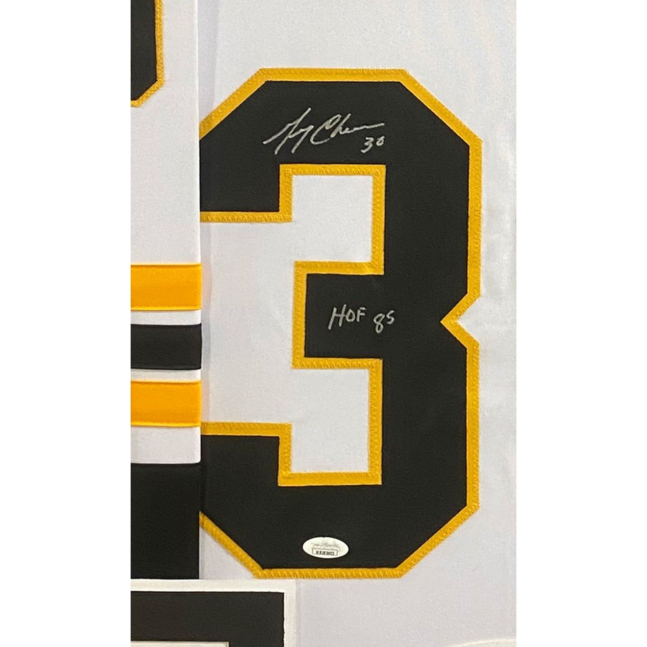 Gerry Cheevers Signed Framed Black Jersey Boston Bruins JSA Autographed