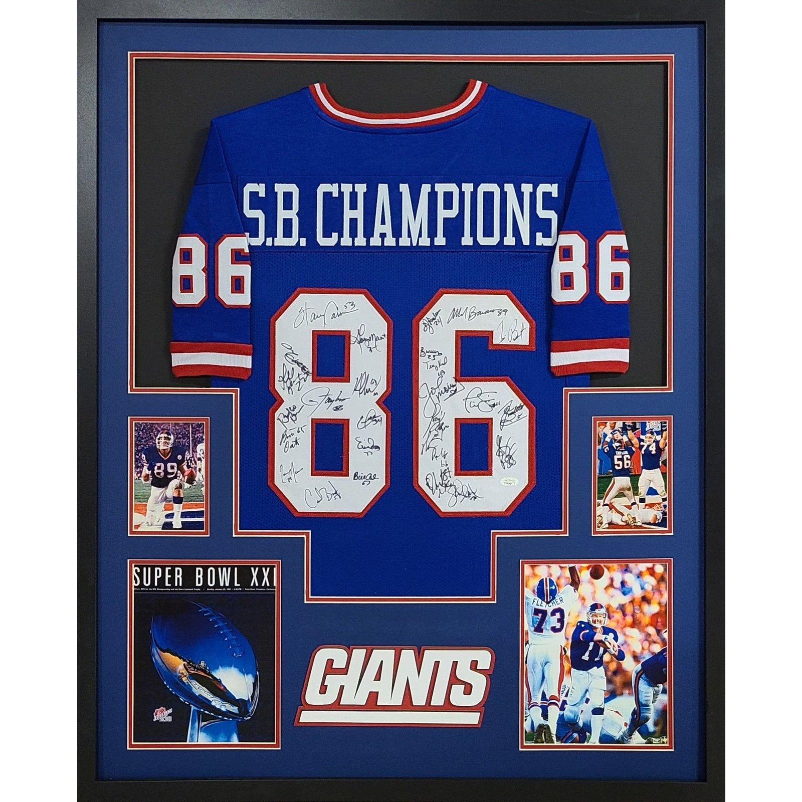 1986 New York Giants Super Bowl Team Signed Framed Jersey JSA Autographed