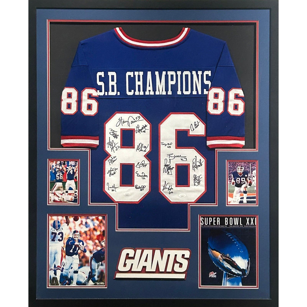 1986 New York Giants Super Bowl Team Signed Framed Jersey JSA 18 Auto