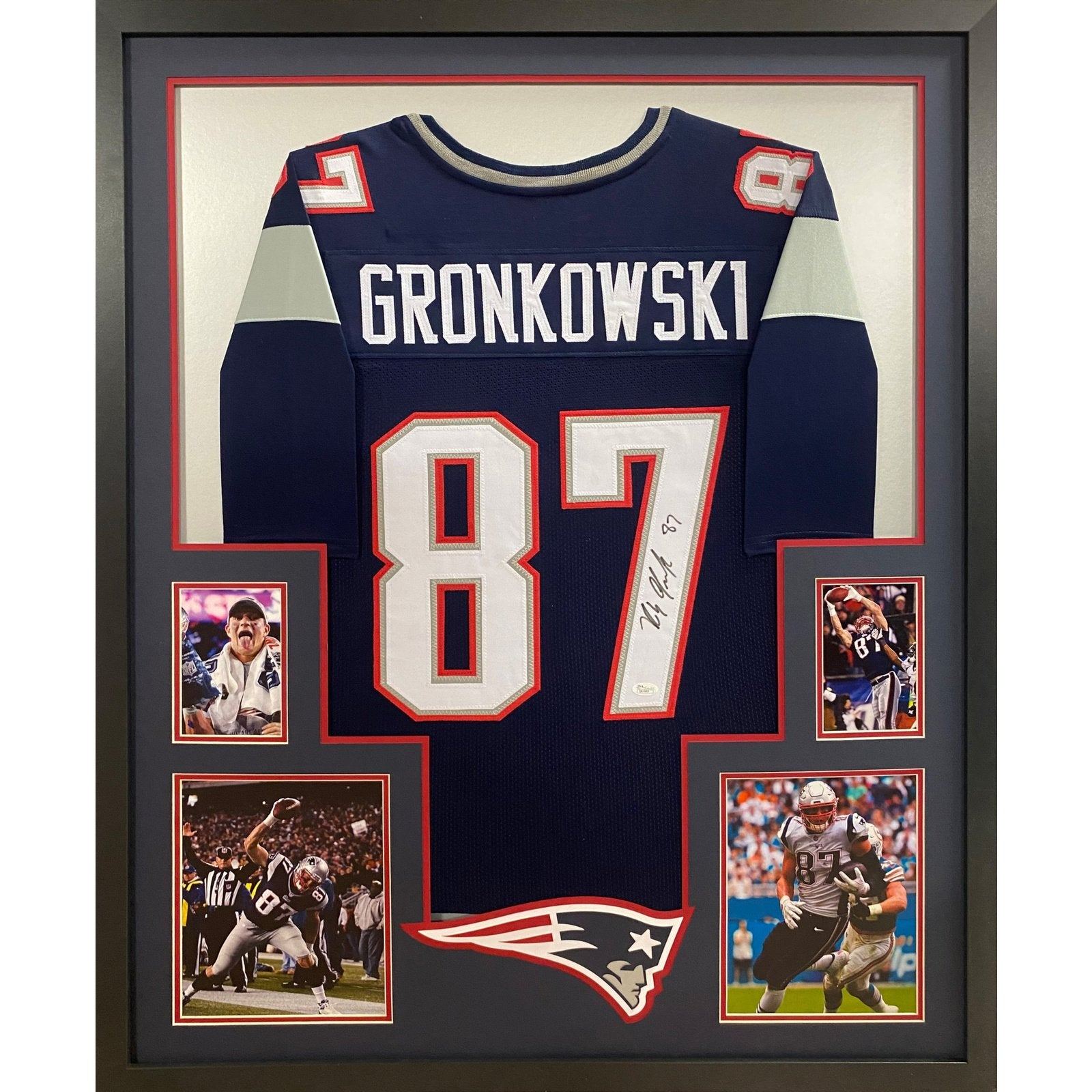 Rob Gronkowski Framed Signed Patriots Blue Jersey JSA Autographed 4P