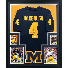 Jim Harbaugh Signed Framed Blue Jersey JSA Autographed Michigan Wolverines