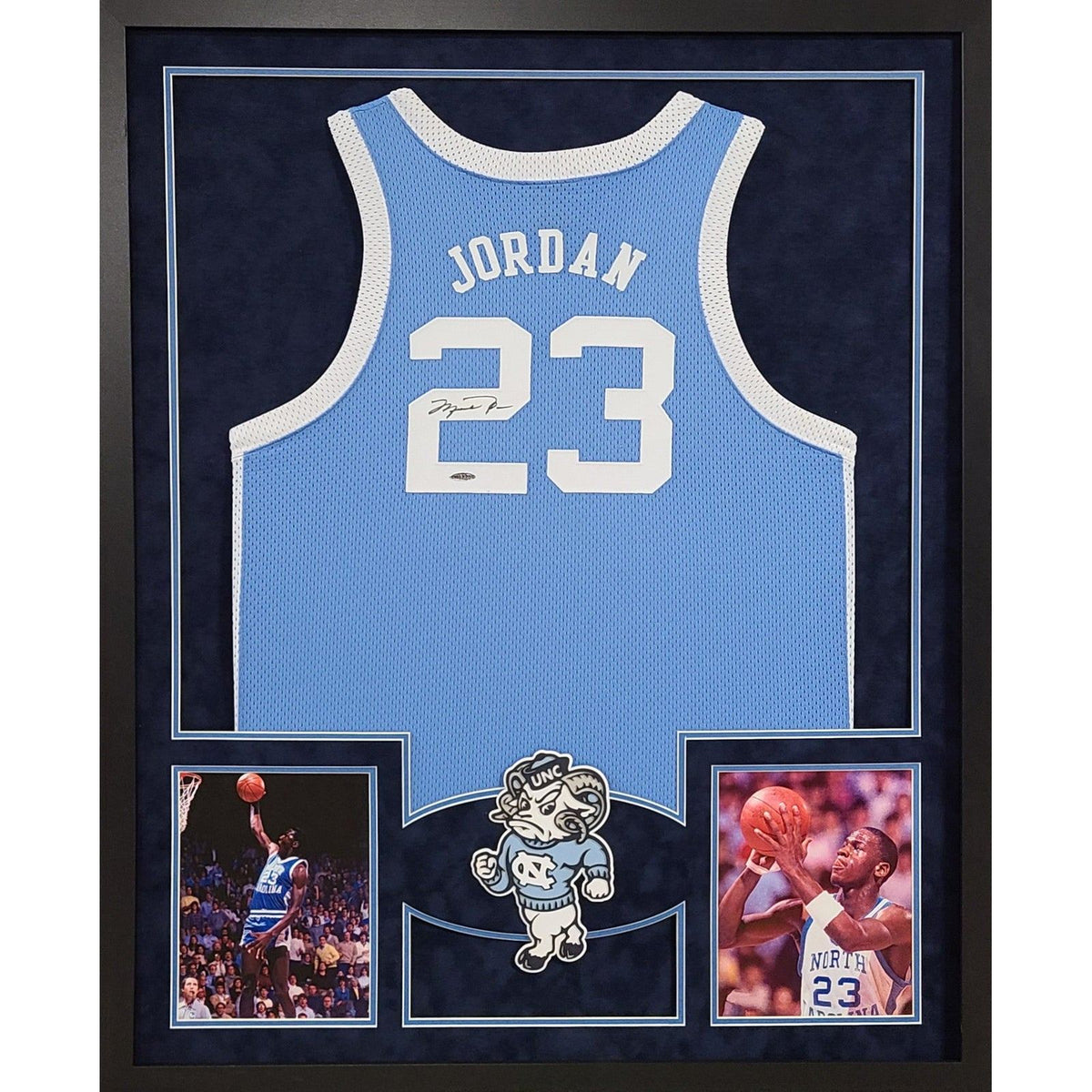 Michael Jordan Framed Signed UNC Blue Jersey UDA Autographed UpperDeck