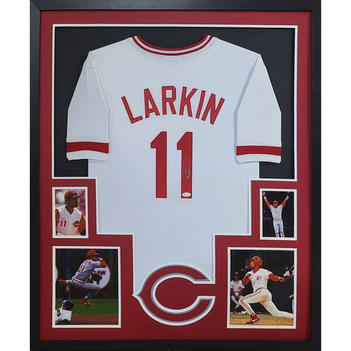 Barry Larkin Signed Framed White Jersey Autographed Cincinnati Reds JSA