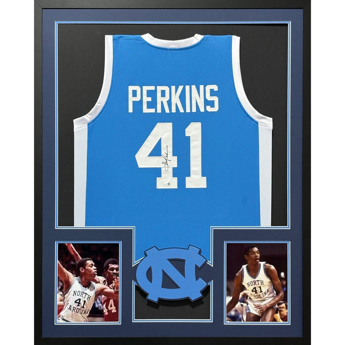 Sam Perkins Signed Framed UNC Blue Jersey Autographed North Carolina JSA