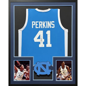 Sam Perkins Signed Framed UNC Blue Jersey Autographed North Carolina JSA