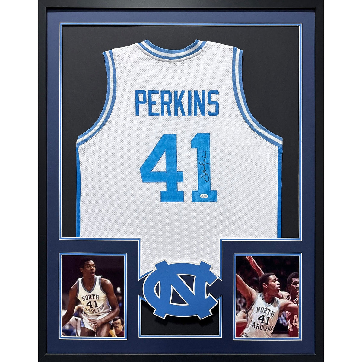 Sam Perkins Signed Framed UNC Jersey Autographed North Carolina JSA
