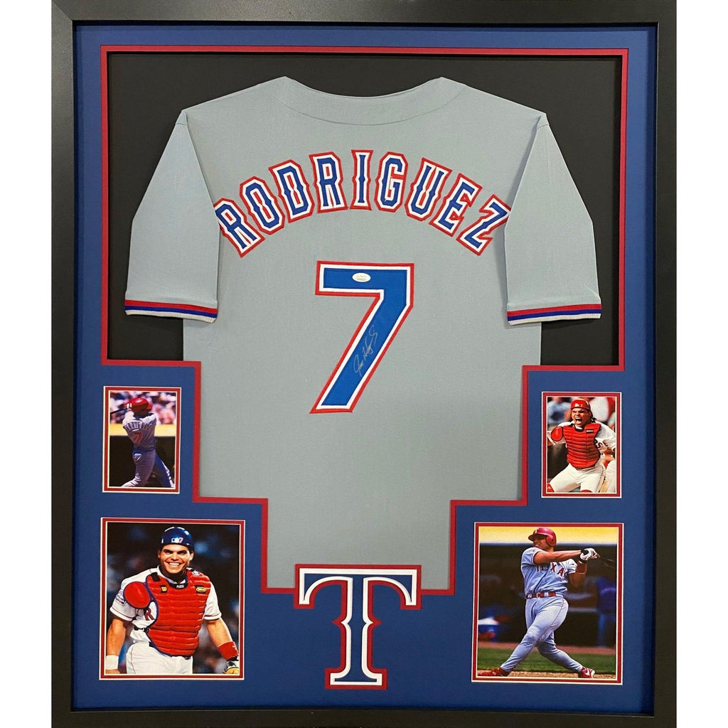 IVAN PUDGE RODRIGUEZ AUTOGRAPHED HAND SIGNED AND CUSTOM FRAMED TEXAS  RANGERS JERSEY