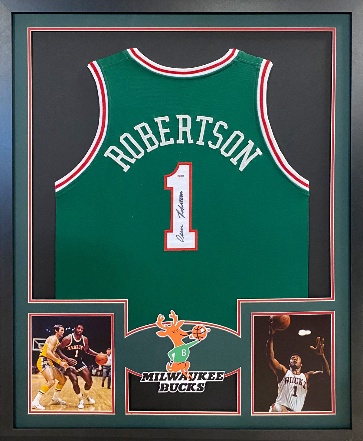 Oscar Robertson Autographed and Framed Green Bucks Jersey