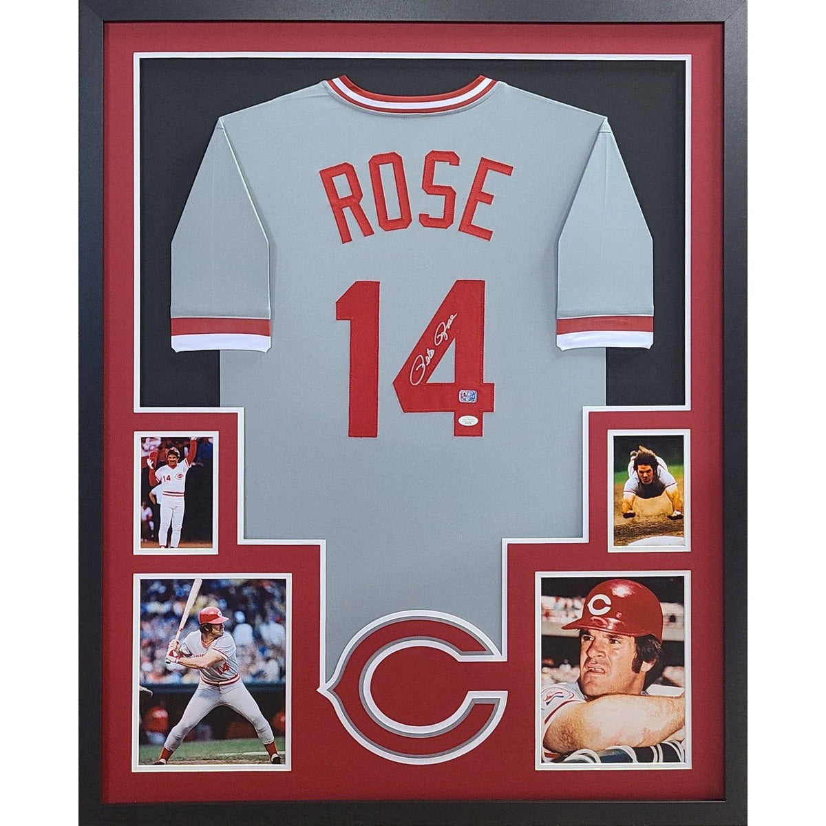 Pete Rose Framed Signed Grey Jersey JSA Autographed Cincinnati Reds