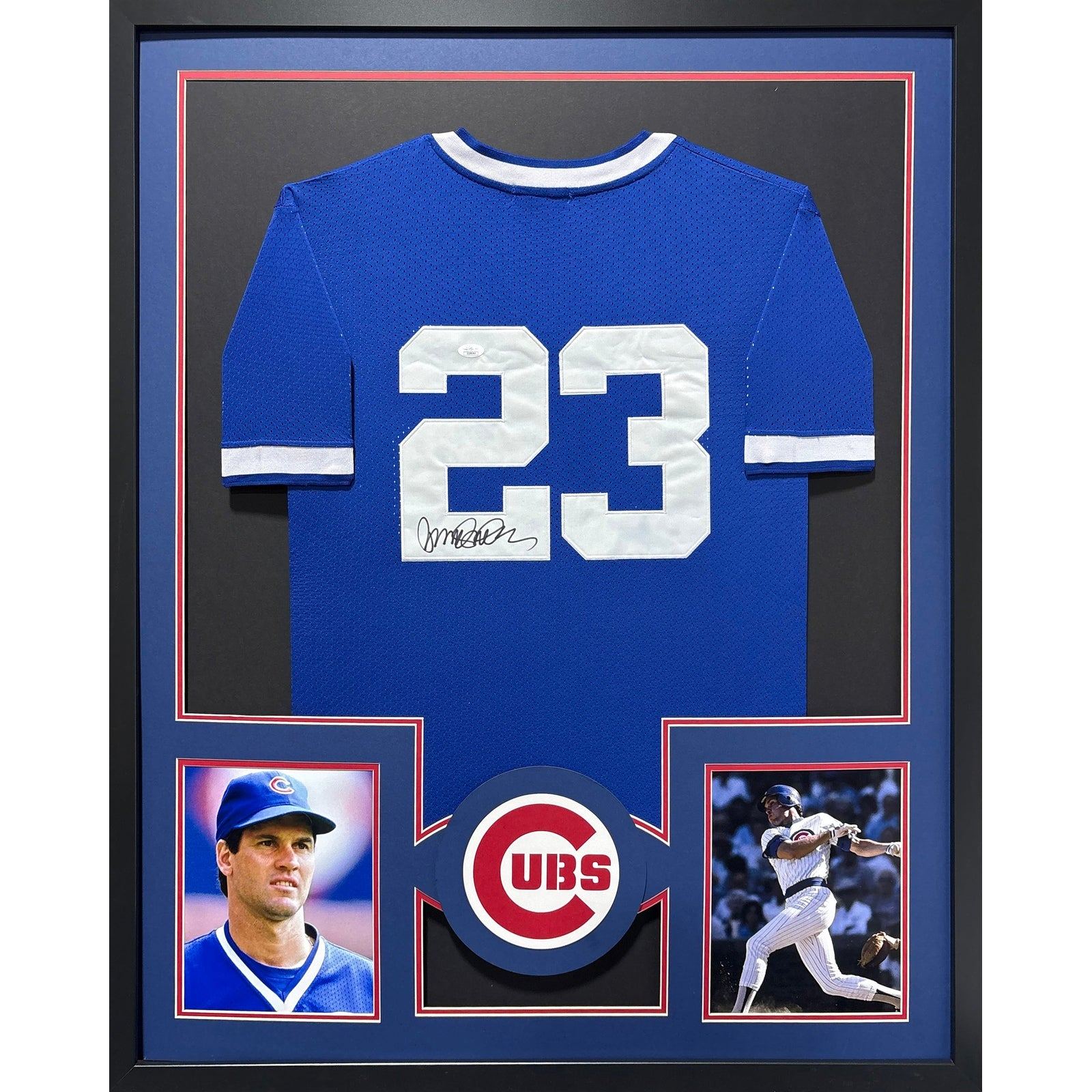 Ryne Sandberg Signed Blue Jersey Framed Autographed JSA