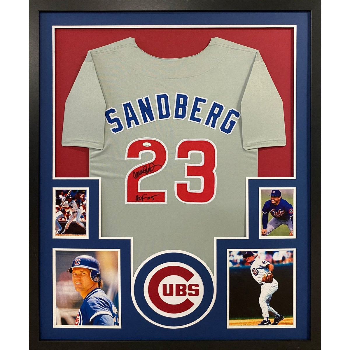 Ryne Sandberg Autographed HOF 05 and Framed Pinstriped Cubs Jersey