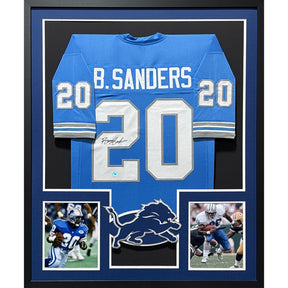 Barry Sanders Signed Framed Jersey Schwartz Autographed Detroit Lions 2P