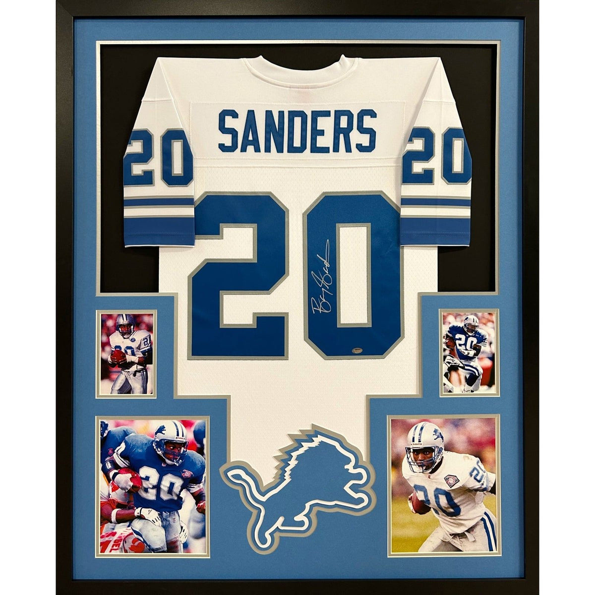 Barry Sanders Signed Framed White Jersey Schwartz Autographed Detroit Lions