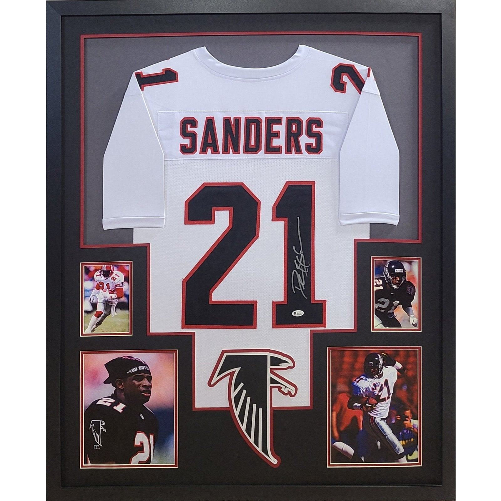 Deion Sanders Framed Signed White TB Falcons Jersey Beckett Autographed