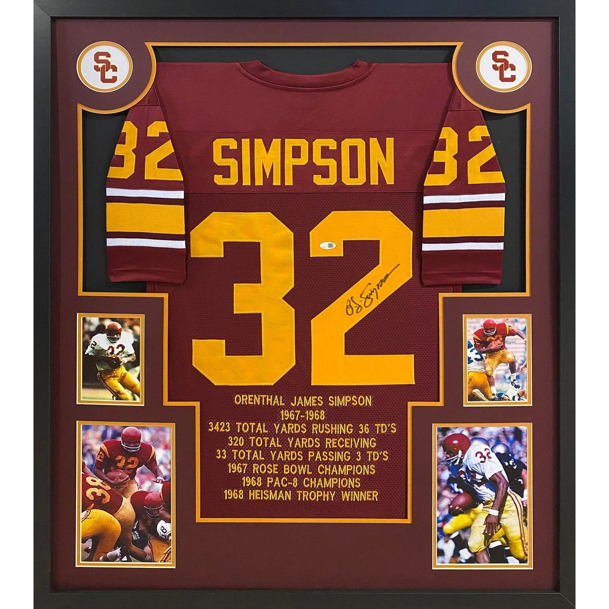 O.J. Simpson Framed Signed Maroon Stat Jersey JSA Autographed USC